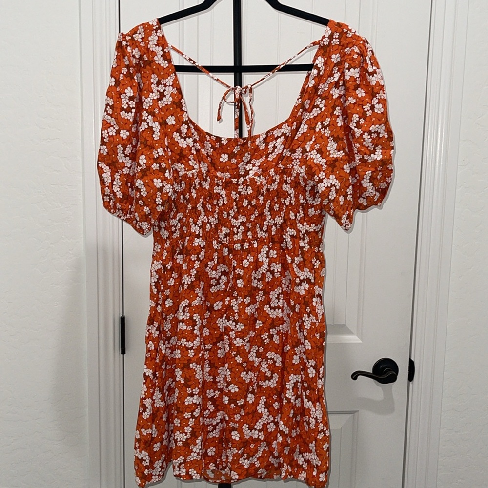 FAITHFULL THE BRAND Allegra Smocked Floral Mini Dress Orange White Size 10 - Picture 15 of 17